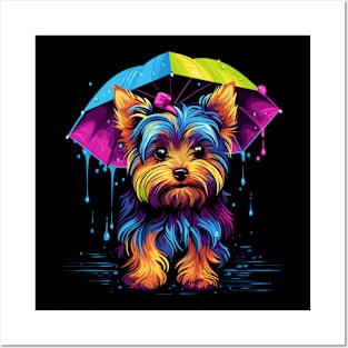 Yorkshire Terrier Rainy Day With Umbrella Posters and Art